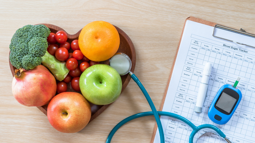 Blood sugar tracker with bowl of fruit and vegetables to focus on preventing diabetes - Vitality