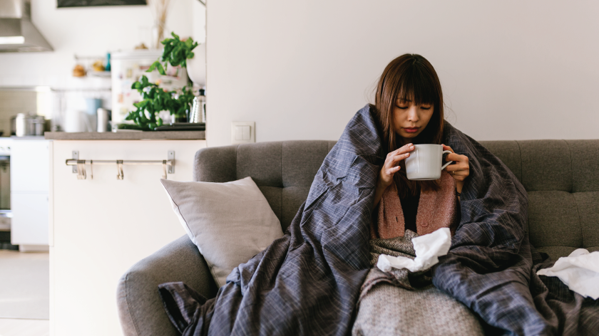 Woman with flu sick at home drinking tea - Vitality