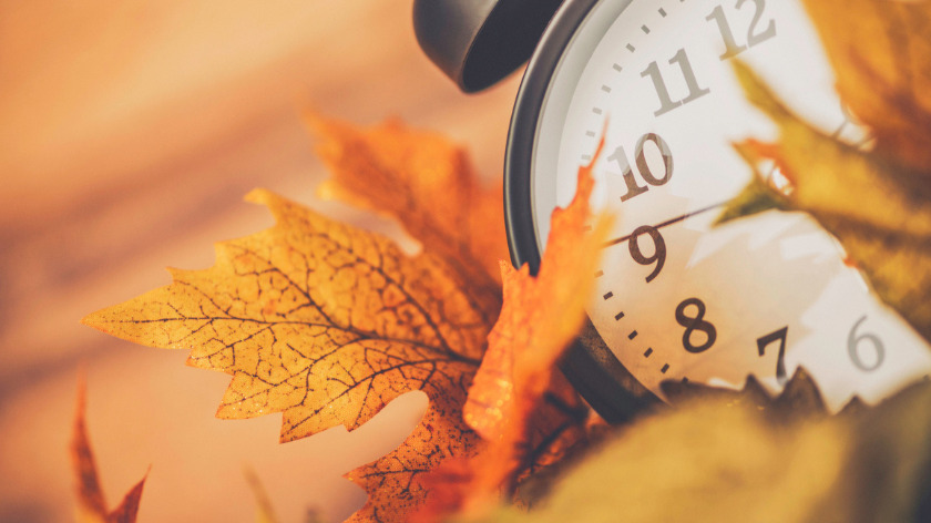 Daylight Savings Time Clock in Fall Leaves - Vitality