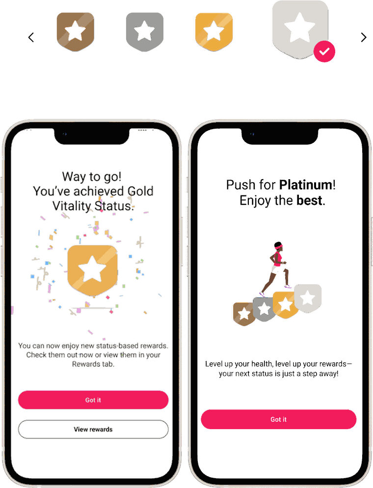 Vitality app screens showing Bronze, Silver, Gold and Platinum Status badges, a Gold Status achievement, and a prompt to push for Platinum.